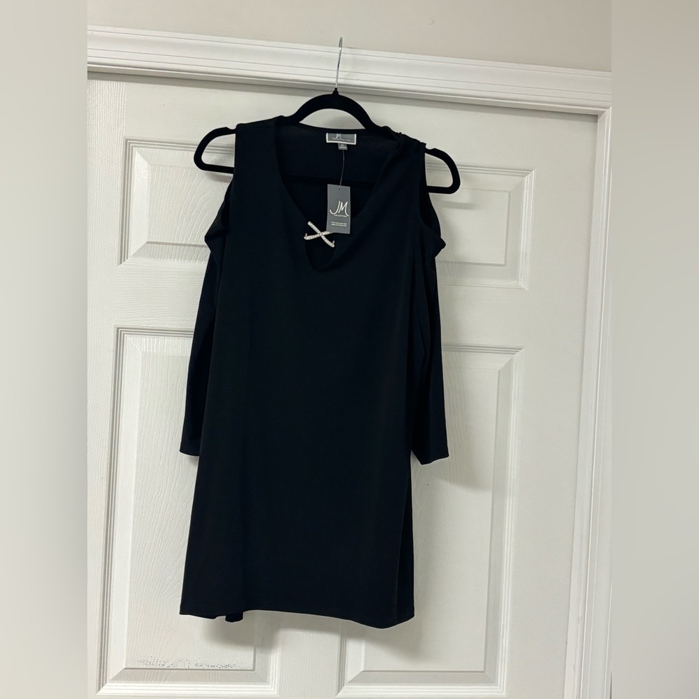 JM Collection Black Cold-Shoulder Long Blouse with Decorative Bow Accent
